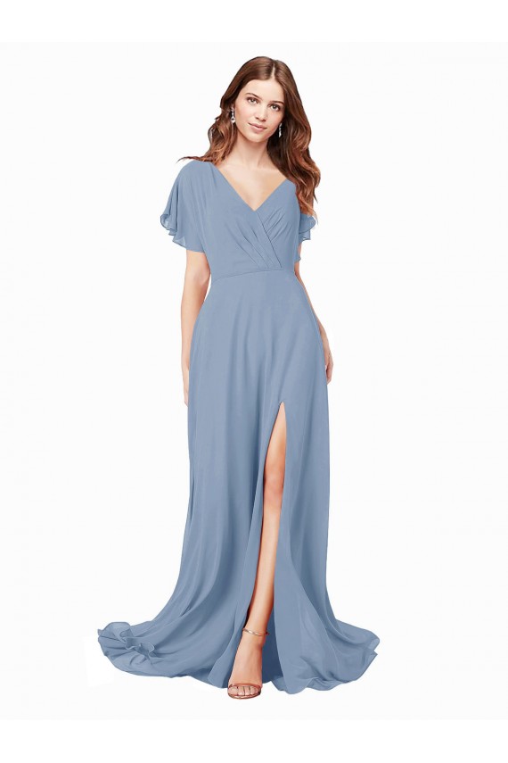 Affordable Chiffon Prom Dress with Flutter Sleeves and Front Slit UK