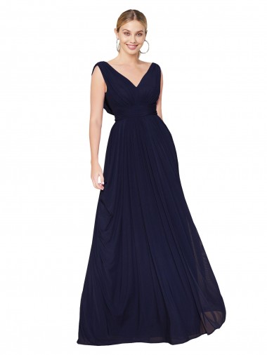 Affordable Draped Long V-Neck Floor Length Chiffon Prom Dress UK