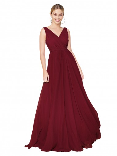 Affordable Draped A-Line V-Neck Floor Length Chiffon Prom Dress UK