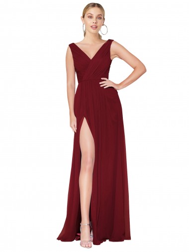 Affordable Draped Mermaid Long V-Neck Chiffon Prom Dress with High Slit UK