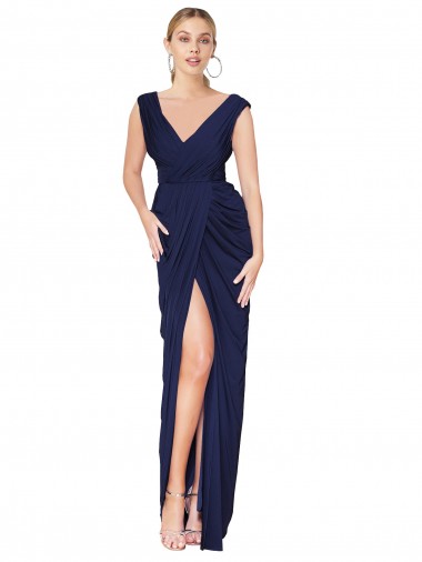 Affordable Draped V-Neck Long Chiffon Prom Dress with Front Slit UK