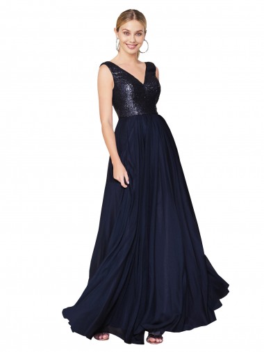 Affordable High Neck V-Neck Long Chiffon Prom Dress with Sequin Top UK