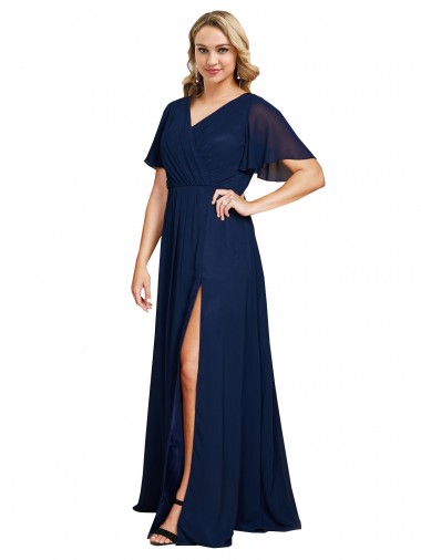 Affordable Chiffon V-Neck Short Sleeves Long Prom Dress with High Slit UK