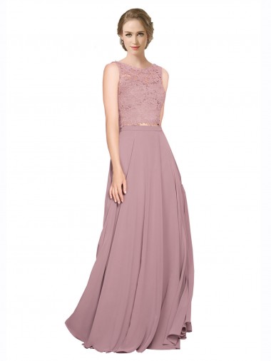 Affordable Long A-Line Chiffon Prom Dress with Sleeveless Lace Crop Top UK