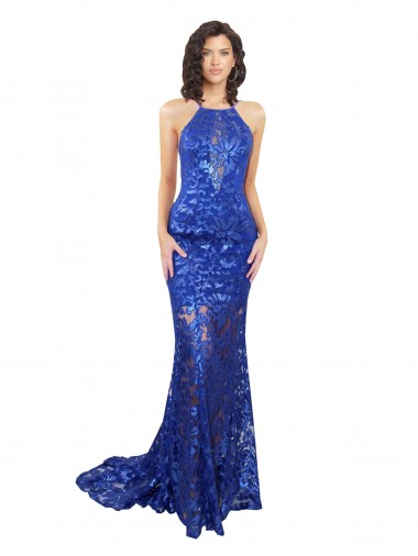 Affordable High Neck Long Open Back Lace Prom Dress with Train UK