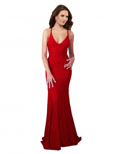 Affordable Low Back V-Neckline Floor Length Lace Prom Dress UK