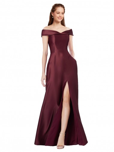 Affordable Long Off the Shoulder Satin Prom Dress with Thigh-high Slit UK