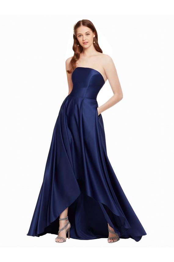 Affordable High Low Strapless Satin Prom Dress with Pockets UK