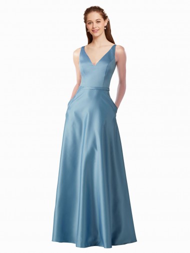 Affordable Classic Satin V-Neck A-Line Prom Dress with Pockets UK