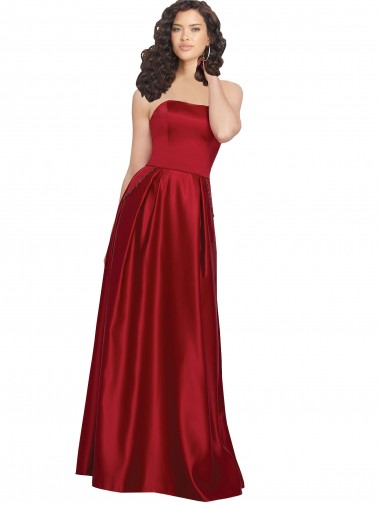 Affordable Strapless Satin Prom Dress with Beaded Pocket and Soft Pleating UK