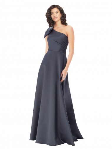 Affordable Rouched One Shoulder Floor Length Satin Prom Dress with Bow UK