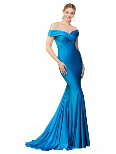 Affordable Off the Shoulder Long Chapel Train Satin Prom Dress UK