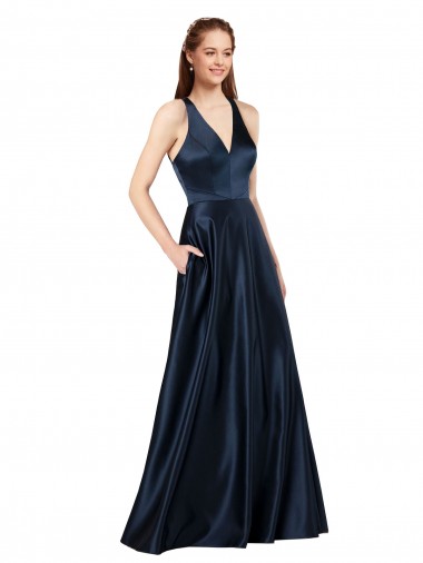 Affordable Long Satin Prom Dress with Halter Neckline UK