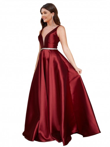 Affordable Sleeveless Deep V-Neck A-Line Satin Prom Dress with Pockets UK