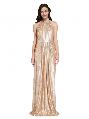 Affordable Floor Length Halter Neck Sparkling Sequin Prom Dress with Pleats UK