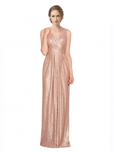 Affordable Draped V-Neck Striking Sheath Floor Length Sequin Prom Dress UK