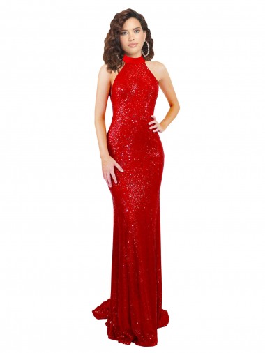 Affordable Halter High Neck Mermaid Open Back Sequin Prom Dress UK