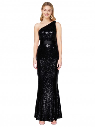 Affordable Draped One Shoulder Long Full Length Sequin Prom Dress UK