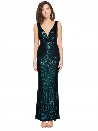 Affordable V-Neck Full Length Sequin Prom Dress with Draped Back UK