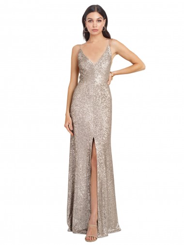 Affordable V-Neck Fully Sequin Prom Dress with V-Back and Front Slit UK