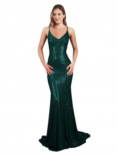 Affordable Fishtail Shaped V-Neck Open Back Long Sequin Prom Dress UK