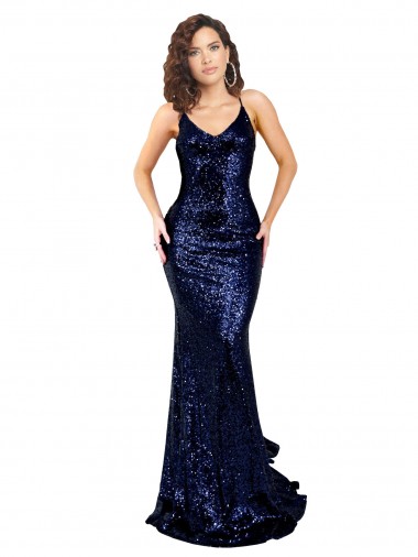 Affordable Mermaid V-Neck Low Back Long Sequin Prom Dress UK