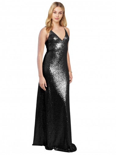 Affordable Full Length A-Line Sequin Prom Dress with Spaghetti Straps V-Neckline UK