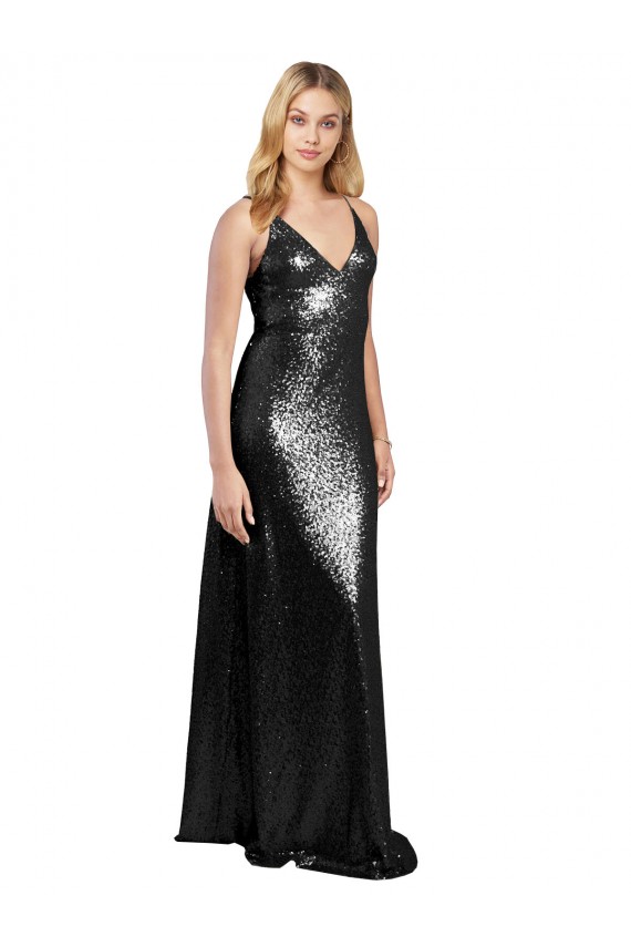 Affordable Full Length A-Line Sequin Prom Dress with Spaghetti Straps V-Neckline UK