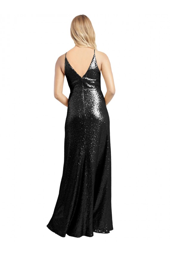 Affordable Full Length A-Line Sequin Prom Dress with Spaghetti Straps V-Neckline UK