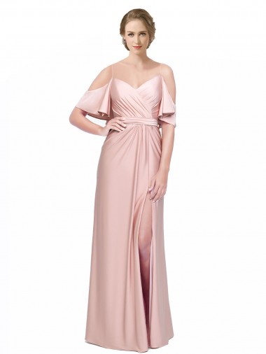 Affordable Draped Cold Shoulder Sleeves Long Silky Satin Prom Dress with Slit and Tie Back UK