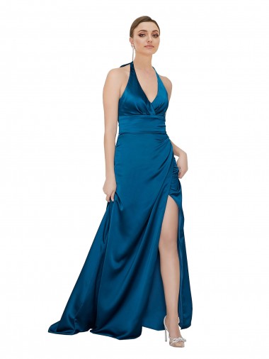 Affordable Halter Neck Silky Satin Prom Dress UK