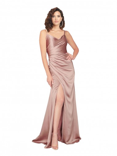 Affordable Floor Length Silky Satin Prom Dress with Front Skirt Slit UK