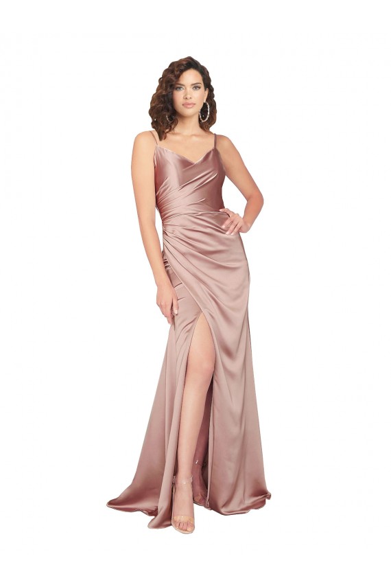 Affordable Floor Length Silky Satin Prom Dress with Front Skirt Slit UK