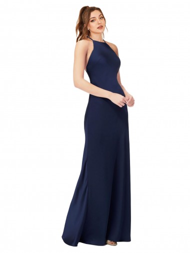 Affordable High Neck Satin Prom Dress with Strappy Back UK