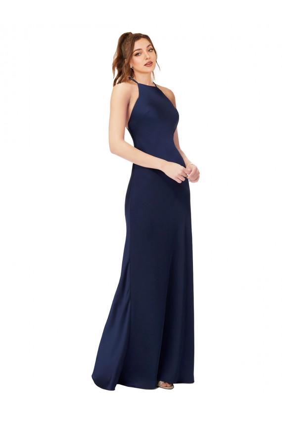 Affordable High Neck Satin Prom Dress with Strappy Back UK