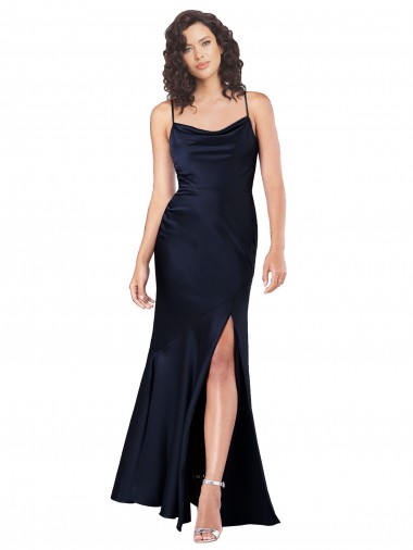 Affordable Draped Cowl Neck Silky Satin Prom Dress with Skirt Slit UK