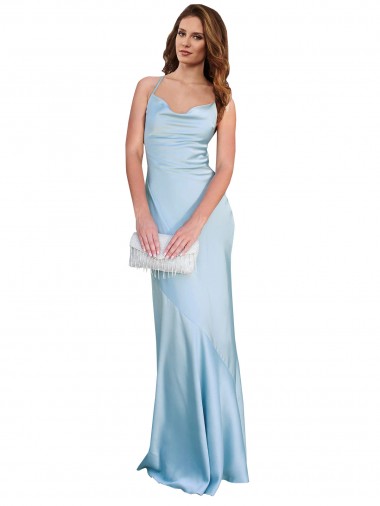 Affordable Open Back with Ties Cowl Neck Sheath Silky Satin Long Bridessmaid Dress UK