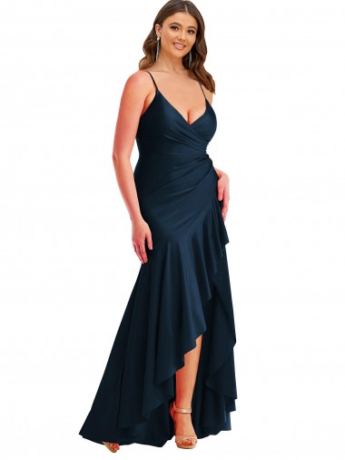 Affordable Pleated Wrap Ruffled High Low Silky Satin Prom Dress UK