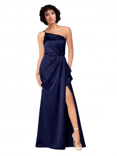 Affordable One Shoulder Silky Satin Prom Dress with Skirt Slit UK