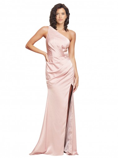 Affordable Full Length Ruched Silky Satin Prom Dress with Low Back and High Split UK