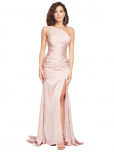 Affordable Full Length One Shoulder Long Silky Satin Prom Dress with High Split UK