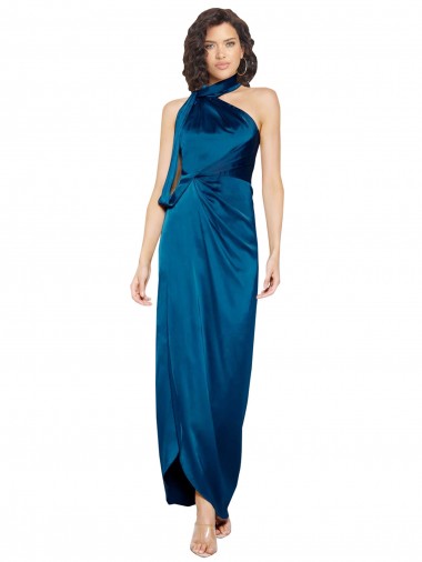 Affordable High Halter Neck Silky Satin Prom Dress with Sash Overlay and Side Split UK