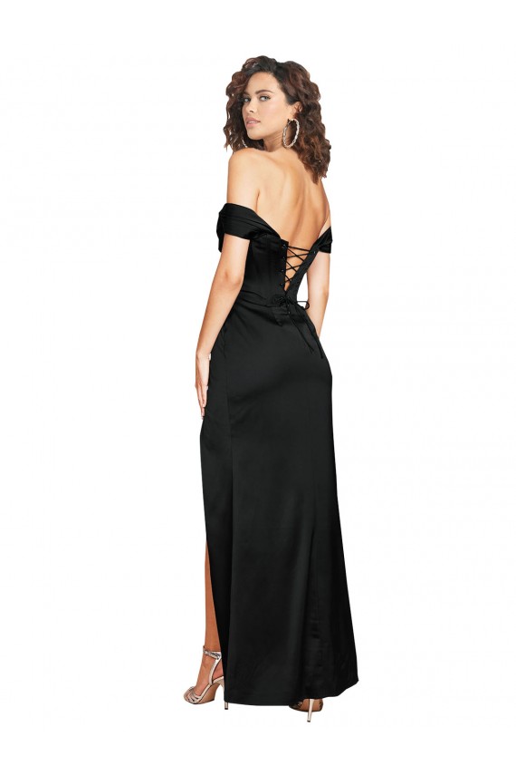 Affordable Fitted Sweetheart Neckline Silky Satin Prom Dress with Off the Shoulder Sleeves and High Slit UK