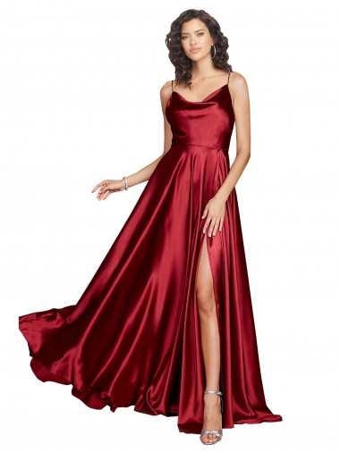 Affordable Cowl Neckline Long Silky Satin Prom Dress with Spaghetti Straps UK