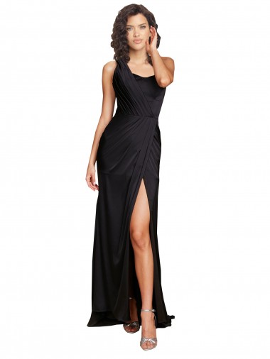 Affordable Full Length One Shoulder Ruffled Long Silky Satin Prom Dress with High Slit UK