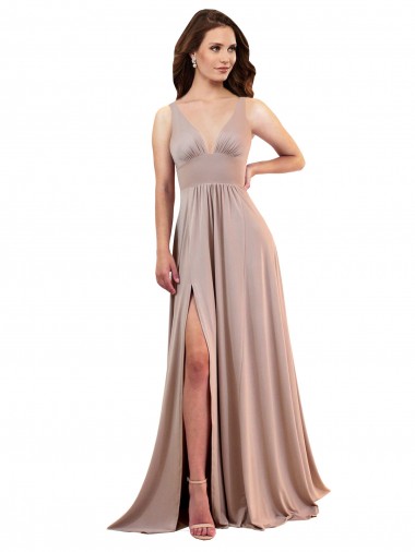 Affordable Long A-Line Plunge V-Neckline Spandex Prom Dress with Slit UK