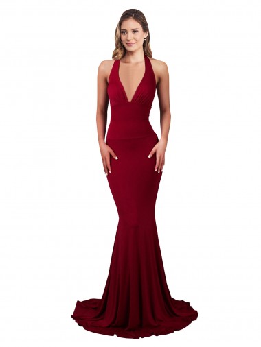 Affordable Halter Mermaid Plunge V-Neckline Open Back Bow Tie Spandex Prom Dress UK