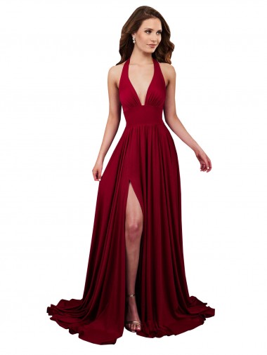 Affordable A-Line Halter Plunge V-Neckline Open Back Spandex Prom Dress with Slit UK