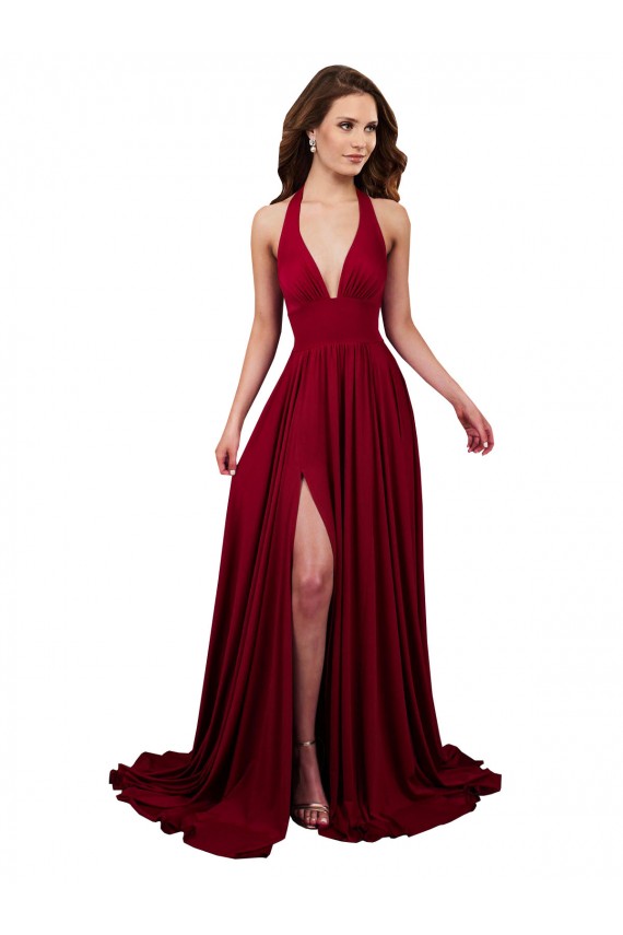 Affordable A-Line Halter Plunge V-Neckline Open Back Spandex Prom Dress with Slit UK