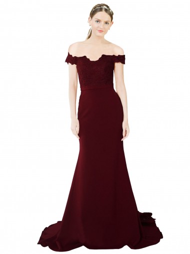 Affordable Full Length Off the Shoulder Formal Crepe Prom Dress with Lace On Bodice and Back UK